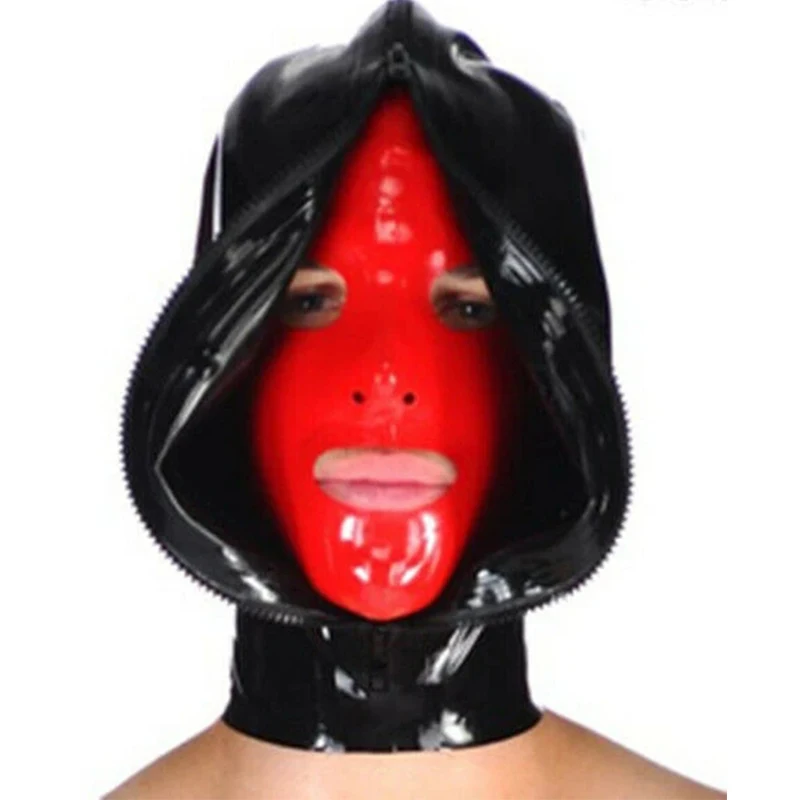 

Full Cover Latex Hood Open Eyes Mouth Back Zipper Front Zipper Black with Red Club Wear Rubber Mask