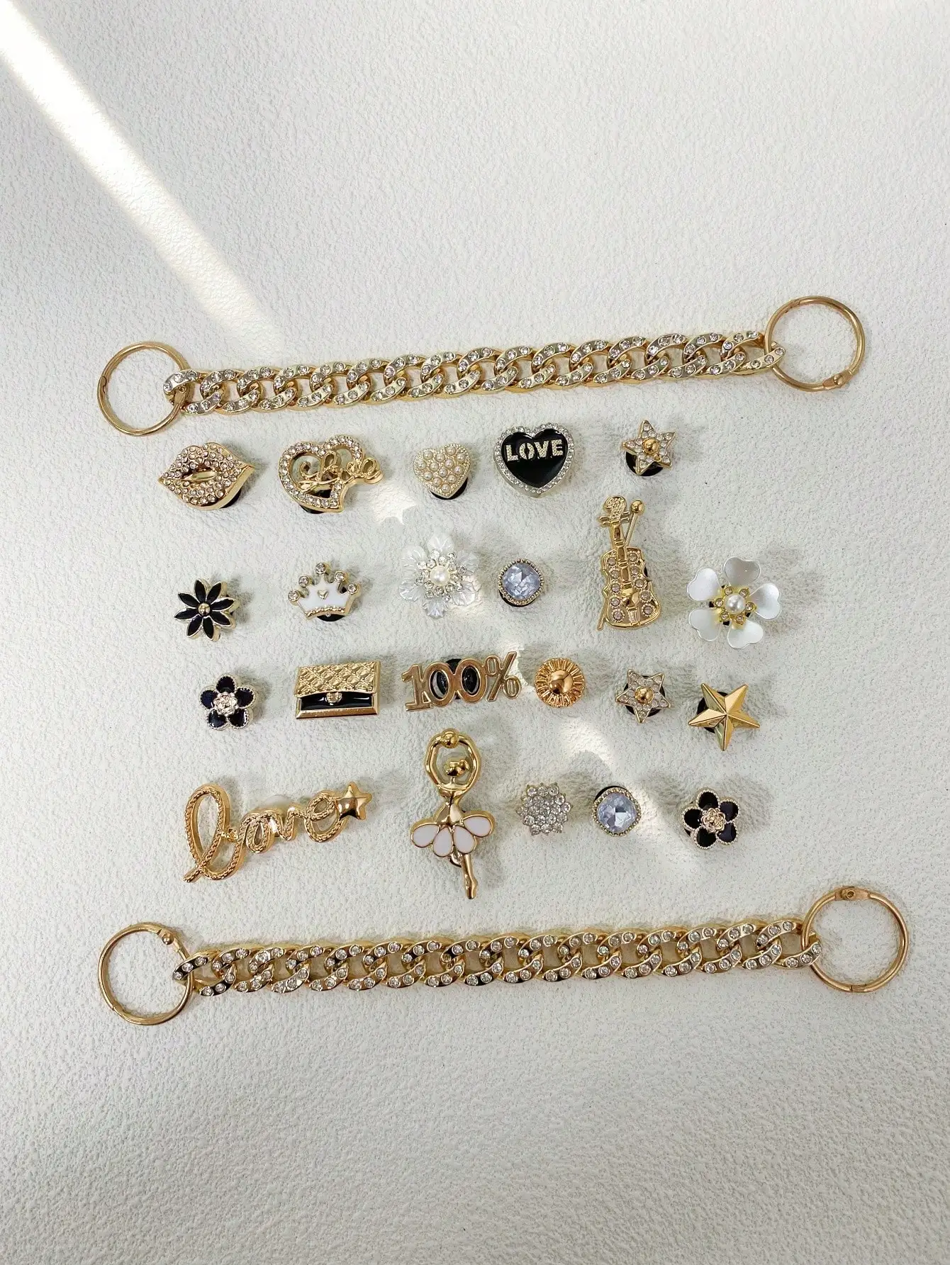 24 pcs  with detachable rhinestone chain Sparkly jewelry Flower Girl Love Embellished buckle shoe bag with accessories