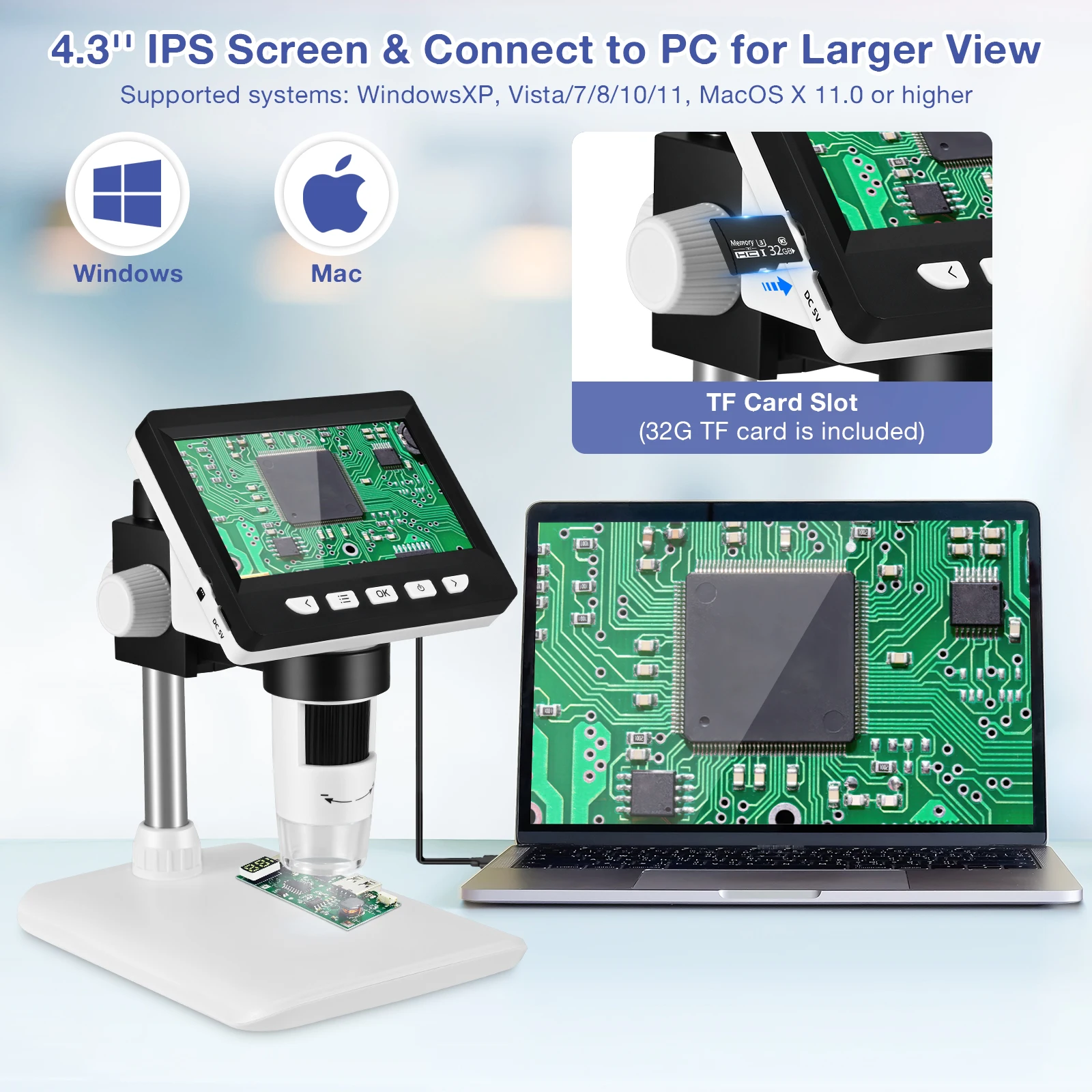 4.3'' Digital Microscope 1000X USB Coin Magnifier Microscope 1080p Video Soldering Microscope with 8 LEDs for with Windows/Mac