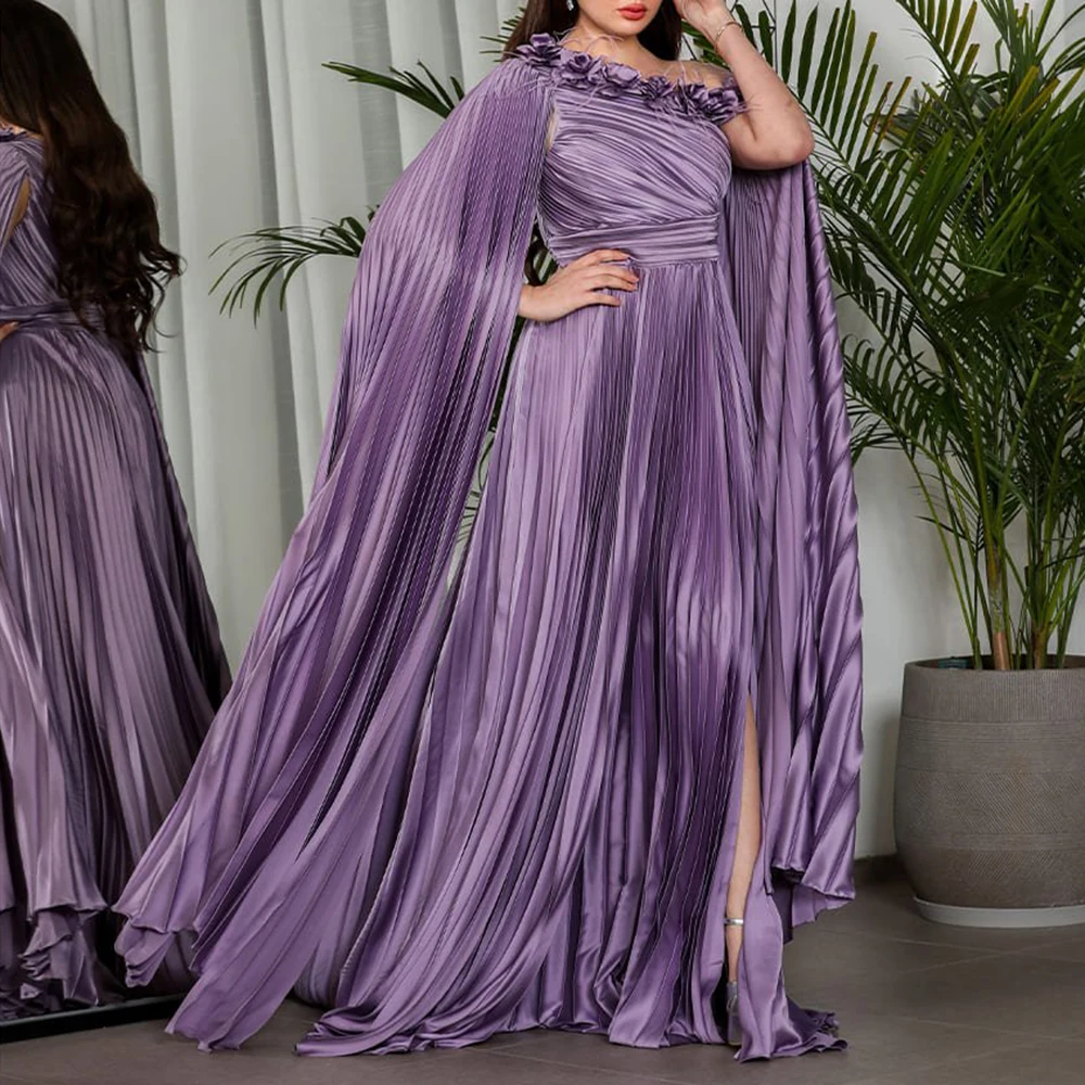 

customized One-Shoulder Neck A-Line Evening Dresses Pleat Appliques Side Slit Satin Prom Gown Simple Long Saudi Party Dress