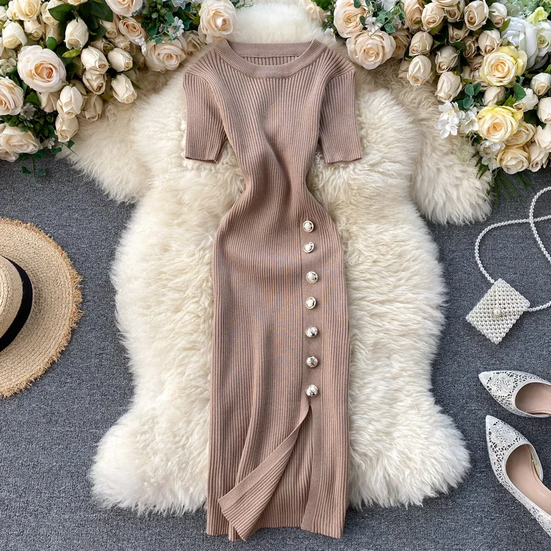 Vestidos Solid Korean Vintage High Waist Women Dress Bodycon Sexy Stretch Knitted 2024 Summer Dresses Chic 16347