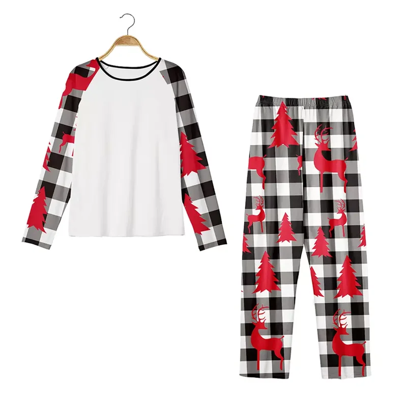 Sublimation Blank Polyester Christmas Family Plaid Long Sleeve Clothes Sleepwear Matching Outfits Pajamas Set for Customized