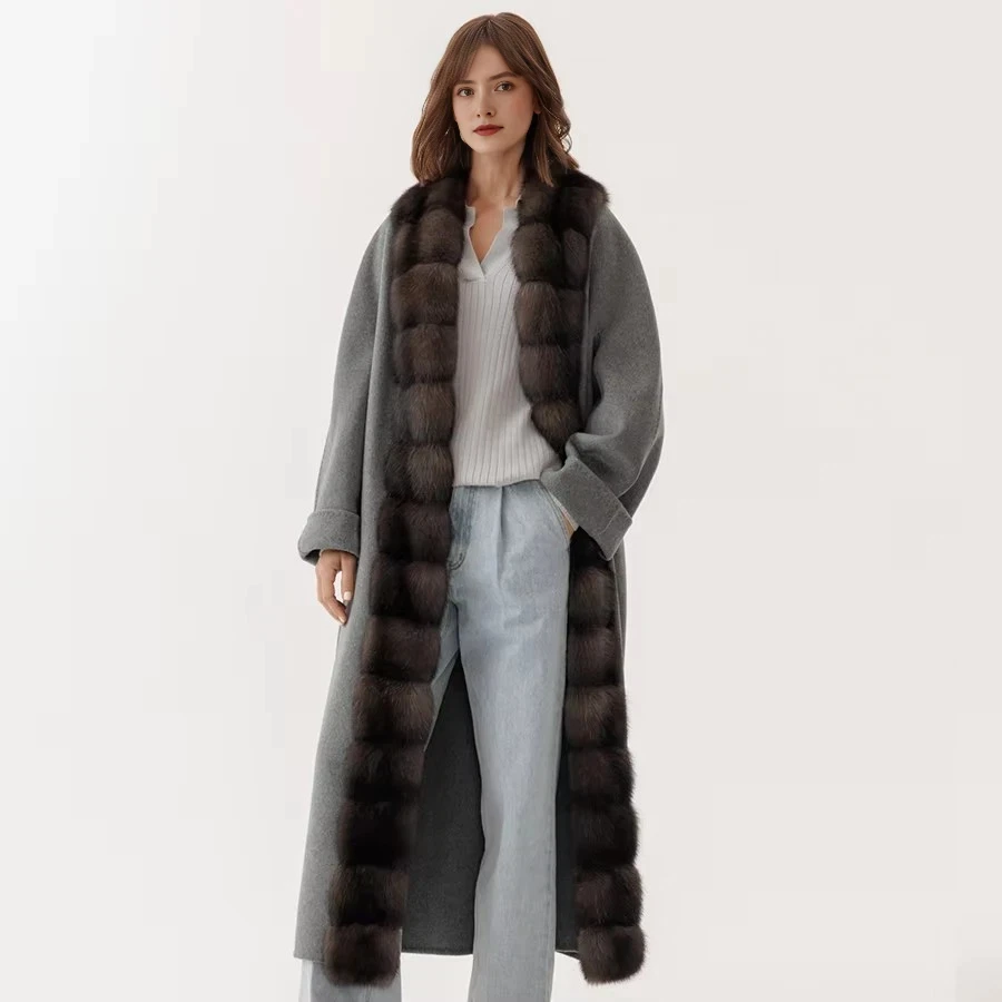 本物の狐の毛皮の襟付きコート、新作カシミヤウールコート、レディースロングウールコート、冬用ウールジャケット