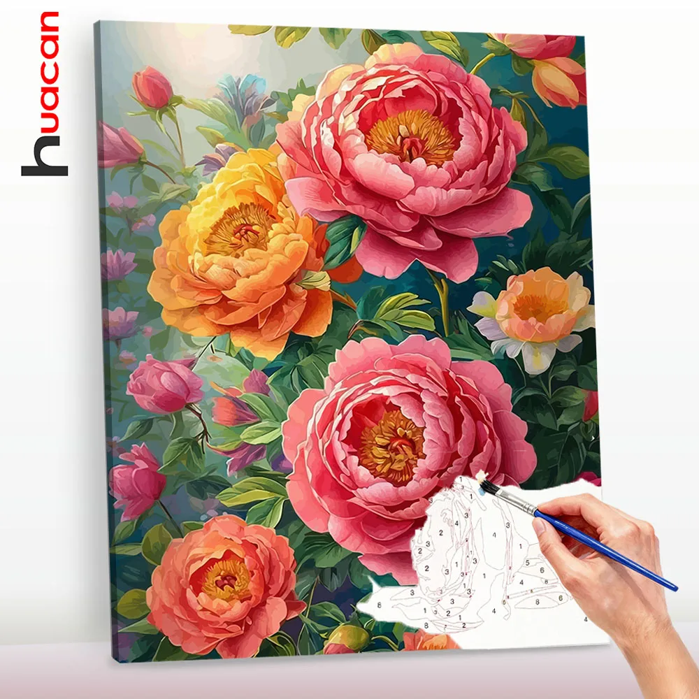 Huacan Malen nach Zahlen Pfingstrosen-Set, Heimdekoration, Bilder, Blumenmalerei nach Zahlen, handgemaltes Kunstgeschenk