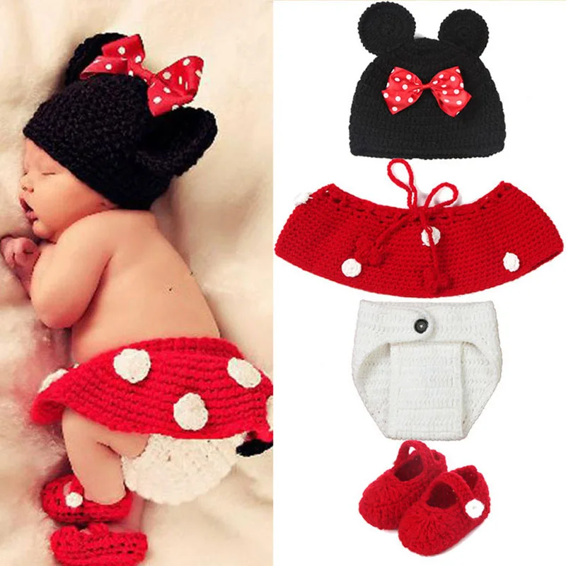 4PCS Animal Style Baby Crochet Halloween Costume Newborn Photography Props Handmade Knit Mickey Outfit Sleepy Owl Frog Baby Gift