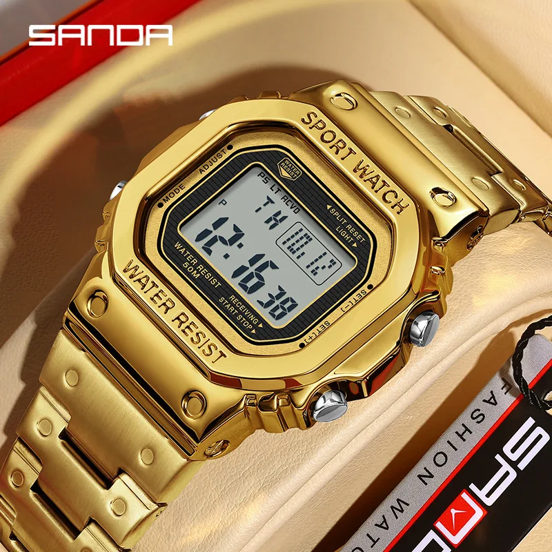 SANDA 2162 Men\'s Electronic Watch Square Waterproof Multi functional Wrist Watch Square Fashion Night Light Steel Digit Watches