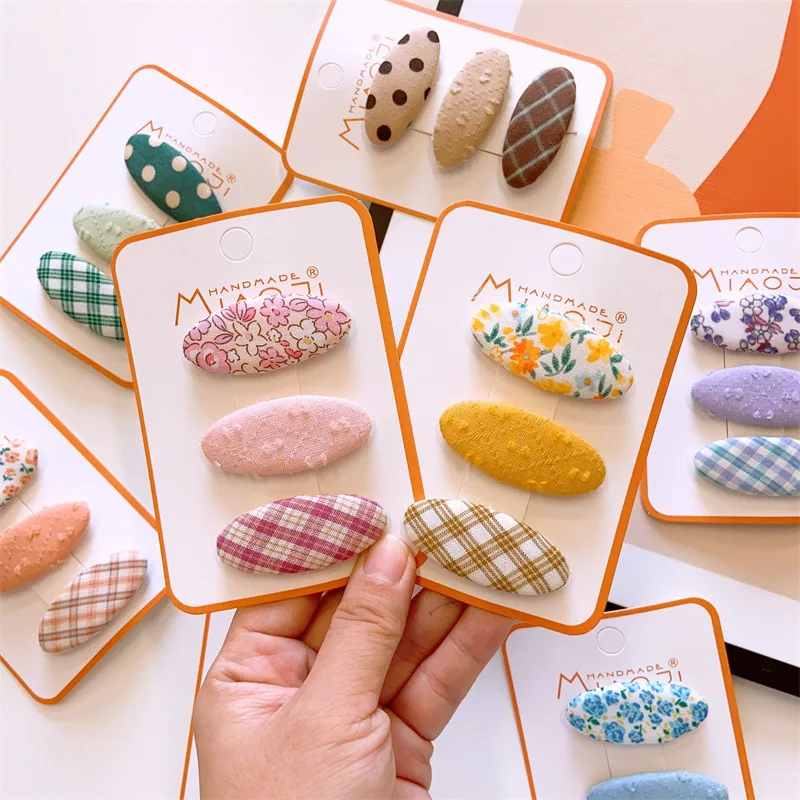 3pcs /set kids Cute Plaid Print Hair Clip Sweet Pink  Hairclip For Baby Girls Flower Barettes Child Kawaii Blue Accessories