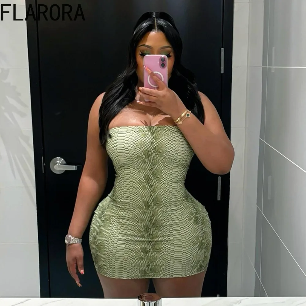 

FLARORA Sexy Serpentine Print Mini Dress Woman Strapless Backless Skinny Peach Hip Hot Girls Stretch Midnight Party Clubwear