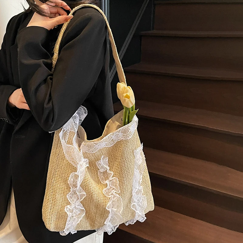 

Большая вместительная кружевная сумка ручной работы с украшением, женская летняя сумка 2024, новая повседневная сумка на одно плечо, пляжная праздничная стильная сумка
