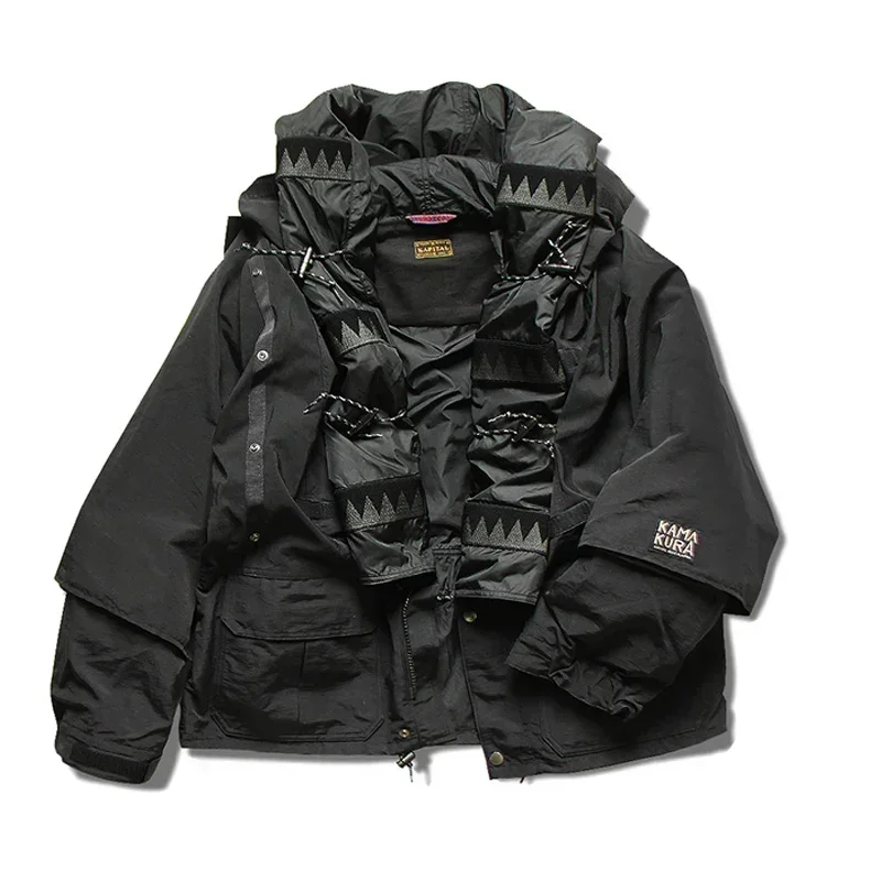 KAPITAL Vintage Panel Waterproof Wind Proof Multi Functional Men's Loose Jacket Japan Stitching Hooded Black Pocket Coat