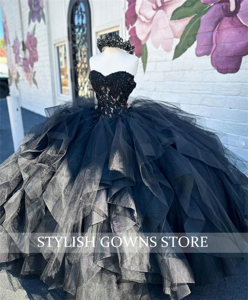 Mexico Black Sweetheart Ball Gown Quinceanera Dress Birthday Party Gowns Beaded Appliques Ruffle Prom Dresses Vestido De 15 Anos