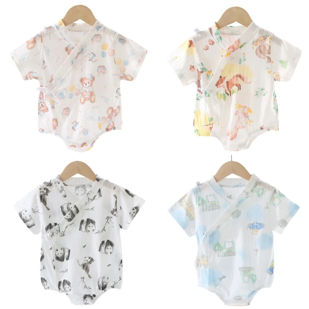 

Baby Cartoon Animal Print Kimono Romper, Short Sleeve Cotton Onesie Newborn Infant Summer Bodysuit for Boys Girls