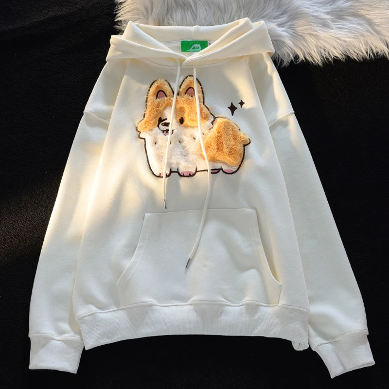 Embroidery Corgi Hooded Sweatshirt Ladies Loose and Sweet Hoodies Women Autumn Winter Casual Women\'s Long Sleeve Pullover Y2K