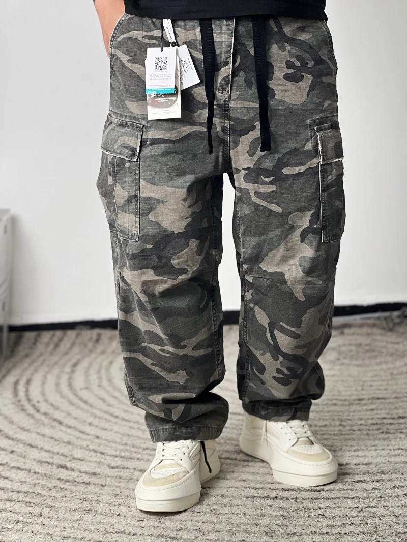 

Retro Camouflage Cleanfit Loose Workwear Paratrooper Pants Multi-ket Worn Durable Cotton Casual Trousers for Teens