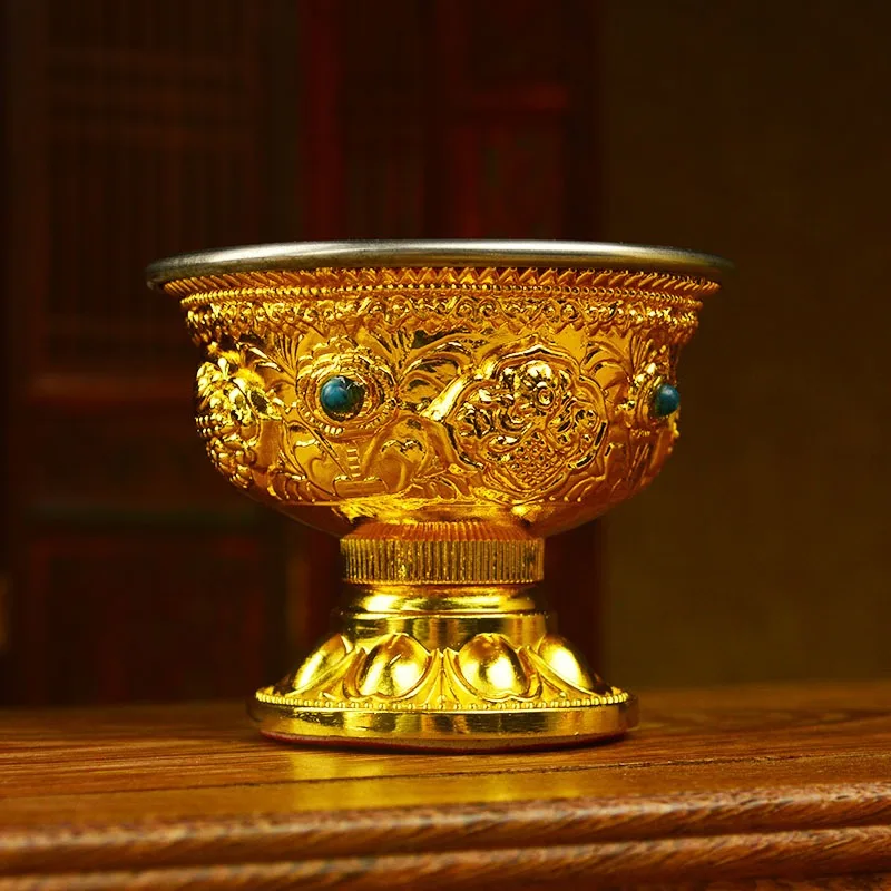 Nepali‑Style Craft Gold‑Plated Copper Eight‑Auspicious Offering Cup Home Ritual Water Bowl Metal Decor Ornament
