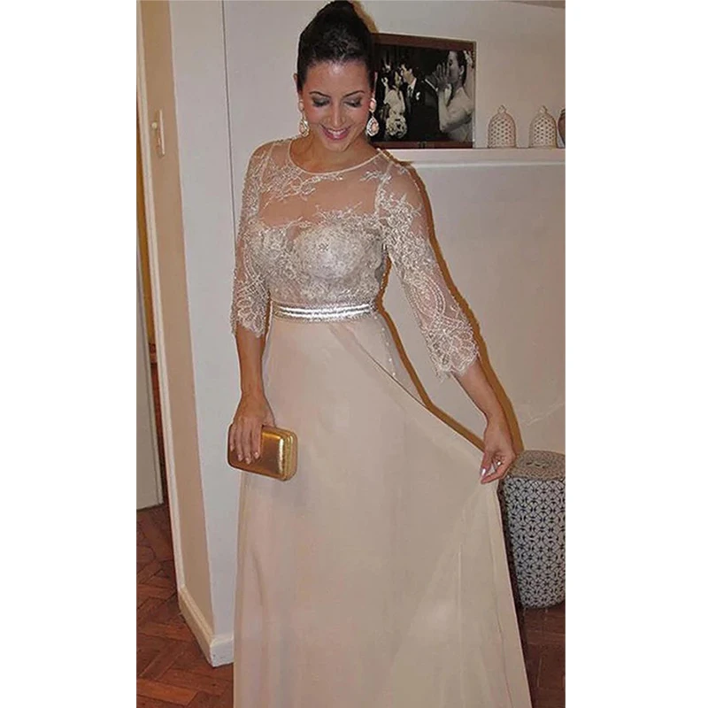 Champanhe de luxo mãe da noiva vestidos 3/4 manga a linha rendas pérola frisado chiffon casamento noite convidado mãe vestidos mais