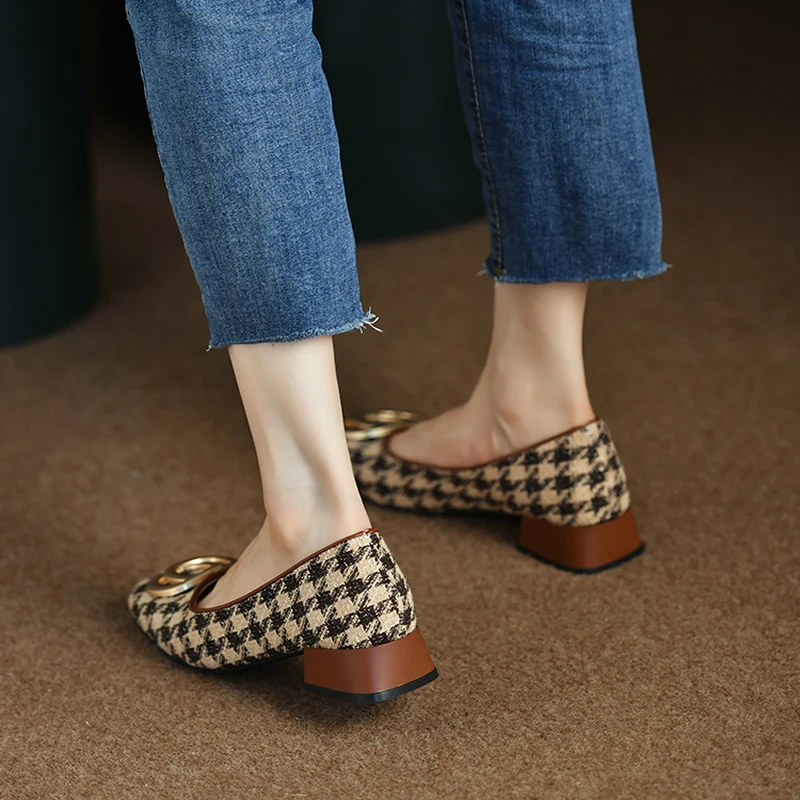 2024 Houndstooth Retro Women\'s Shoes Ladies Classic 3.5cm Thick Heel Metal Decoration Lady Pumps Simple Square Toe Shallow Mouth