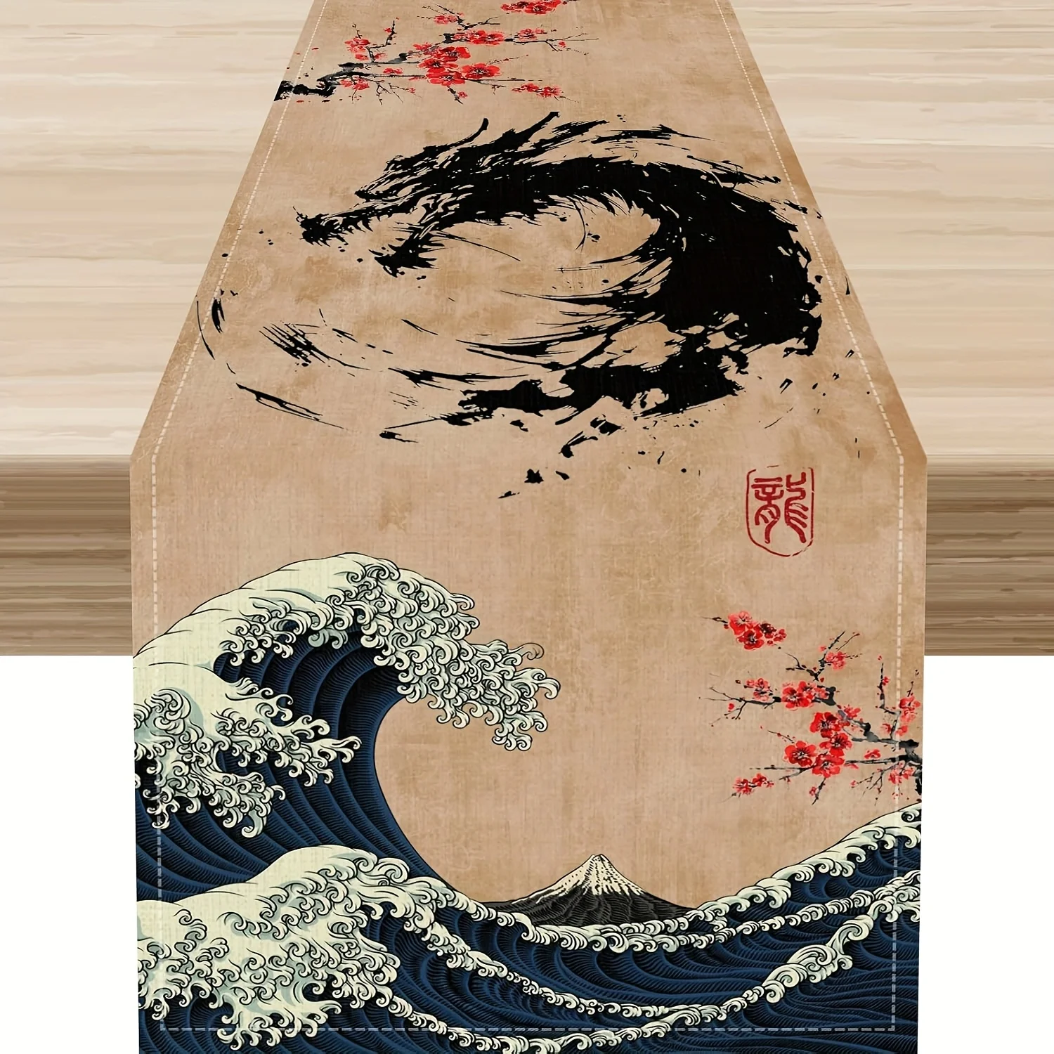 1 Stück Tischläufer, japanischer schwarzer Drache, roter Pflaumenblüten-Wellendruck, Dekor im asiatischen Stil für Küche, Esszimmer, Bauernhaus, drinnen und draußen