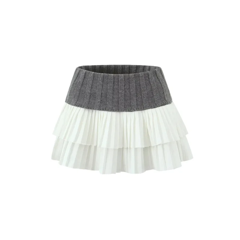 

Women Ribbed Knitted Parchwork Rbieed Pleated Mini DOUBLE LAYER SKIRT