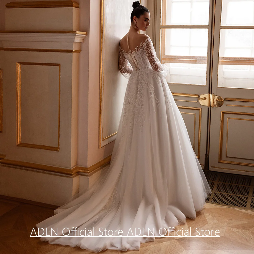 Wedding Dress Vestidos De Novia Customized Sheer Long Sleeves Sparkling Beading Applique Sweep Train Bridal Gown for Bride