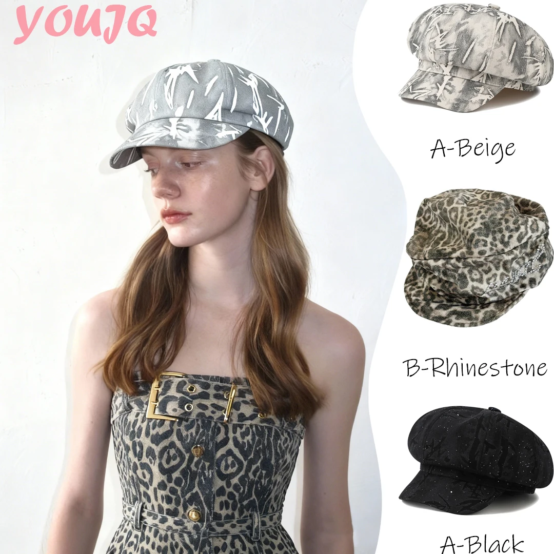 

Винтажная ретро-шапка в стиле Y2K с леопардовым принтом и стразами, берет для мальчиков, женская кепка, шляпа в стиле Millennium Spicy Girl, шляпа художника с эффектом тай-дай, горрос