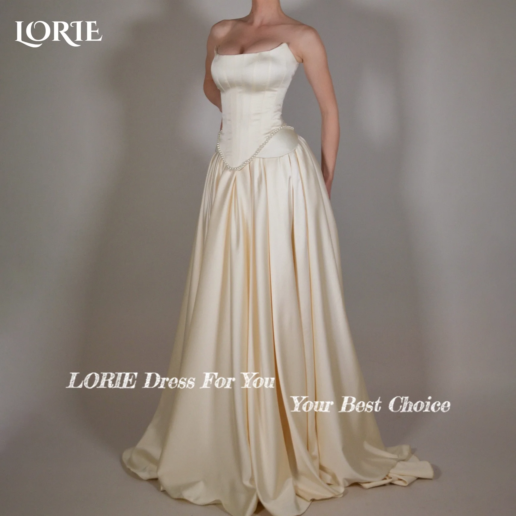 LORIE Elegant Satin Wedding Dresses Strapless A-Line Beach Bridal Gown Straps Ruffle V Corset Simple Customized Bride Dress