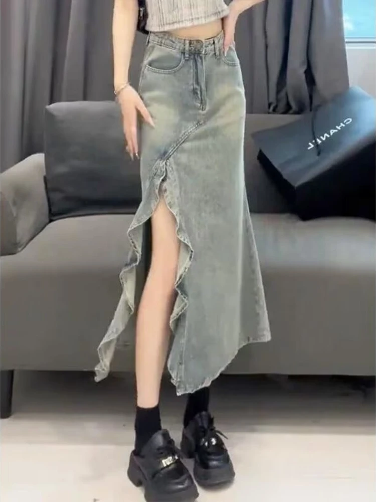 Spódnica jeansowa retro w stylu retro z falbanami, nieregularnym krojem, rozcięciem, rybim ogonem, wysoką talią, wyszczuplająca, uniwersalna spódnica w kształcie litery A, moda 2025.