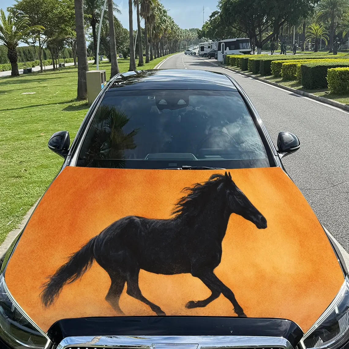 

Cool Black Horse PVC Car Hood Wraps, Self-Adhesive Waterproof Car Bonnet Decal Sticker, Car Decoration Protection Stickers for T