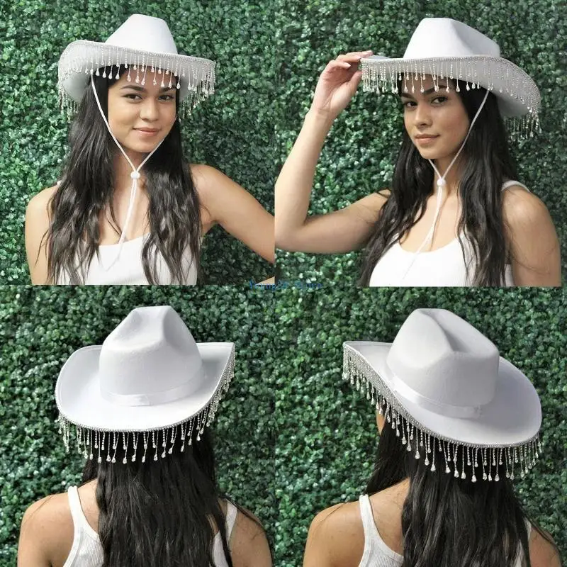 

P8DB Trendy Wide Brim White Cowgirl Hat Rhinestones Fringe Cowboy Hat with Adjustable Drawstring for Christmas Theme Party