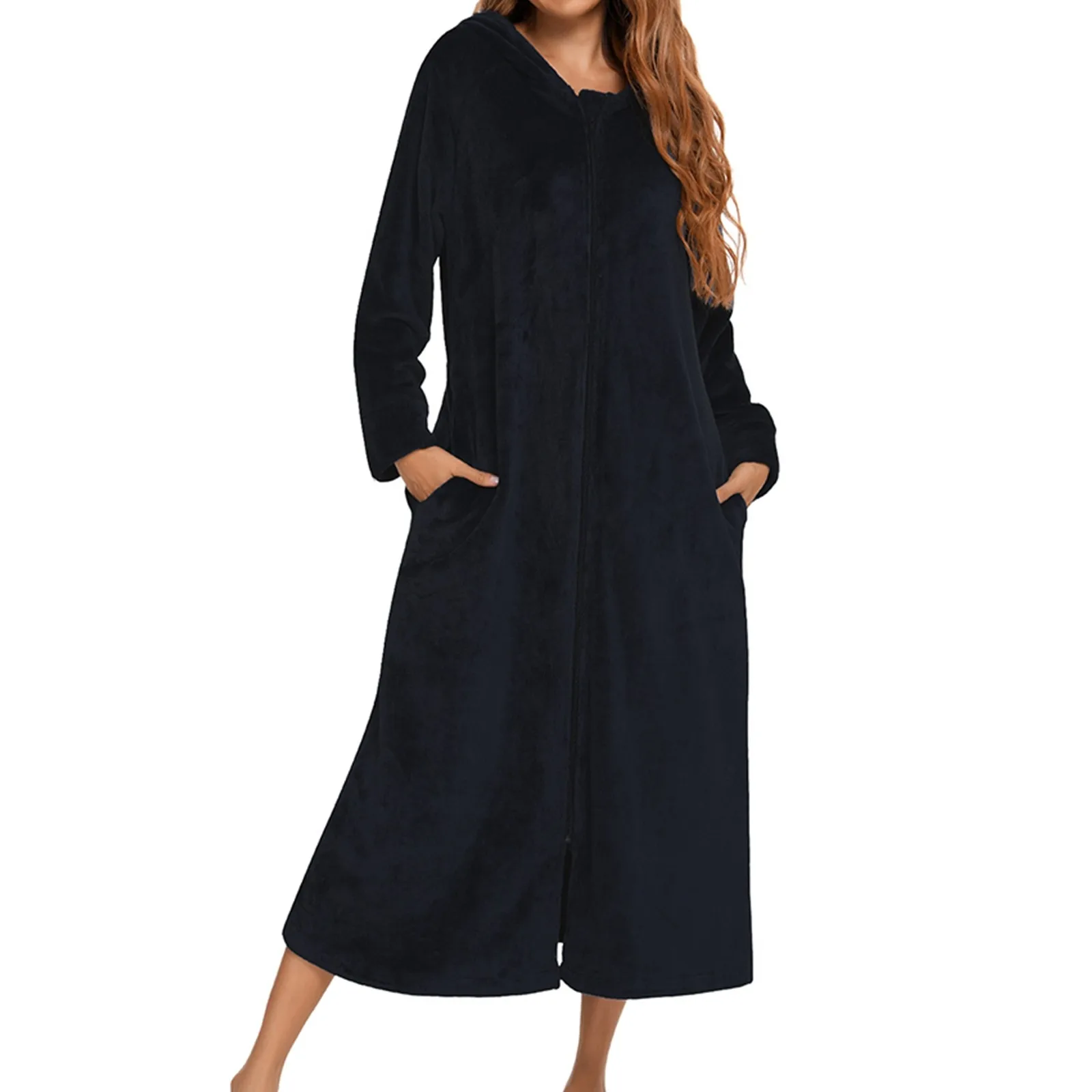 Long Bathrobe Women Hooded Long Sleeve Spring Ladies Dressing Gown Zipper Oversize Autumn Robe Solid Sleepwear For Female