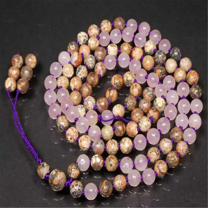 

Natural Rose Quartz & Picture Jasper Mala Beads Necklace 108 Beads with Purple Cord Healing Crystal Jewelry