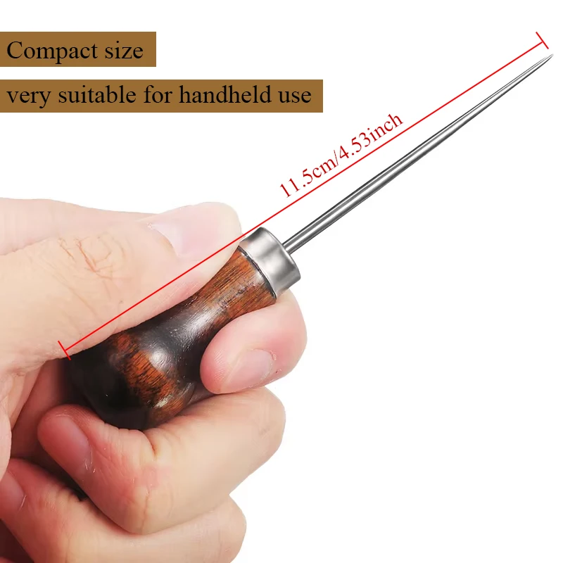 Wood Handle Leather Awl - Straight Awl Punching Tool for Leather Craft, Hole Puncher & Hand Stitching Drills