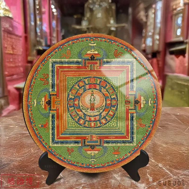 Tibetan Mandala Thangka Decor Plate Avalokitesvara Buddhist Altar Ornament Crystal Display Plate for Home Worship Decoration