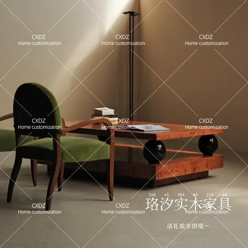 Medieval Style Solid Wood Coffee Table with Spherical Support Retro Striped Design Living Room Furniture Tea Table