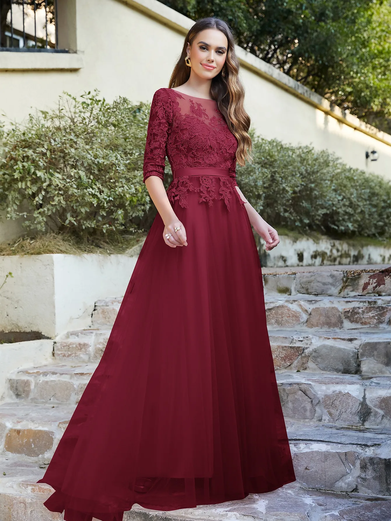 Robes élégantes A-Line Scoop pour femmes, fente haute, appliques demi-manches, longueur au sol, événements spéciaux, Rh