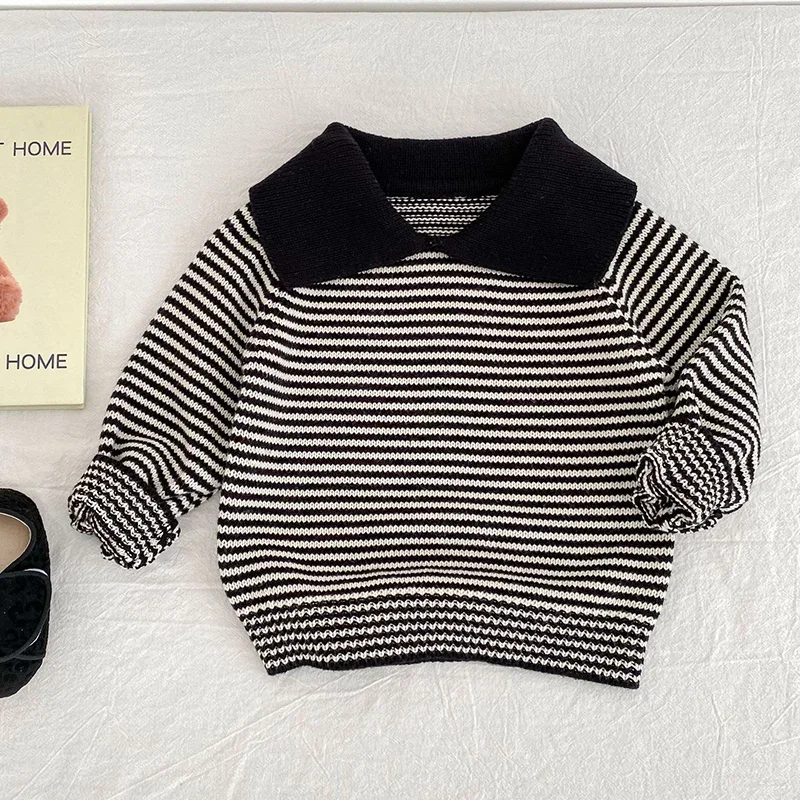 جديد ربيع 2026 بلوفر منسوج للأطفال البنات والأولاد بأكمام طويلة مخطط من 0 إلى 3 سنوات سترة للأطفال حديثي الولادة من البنات والأولاد