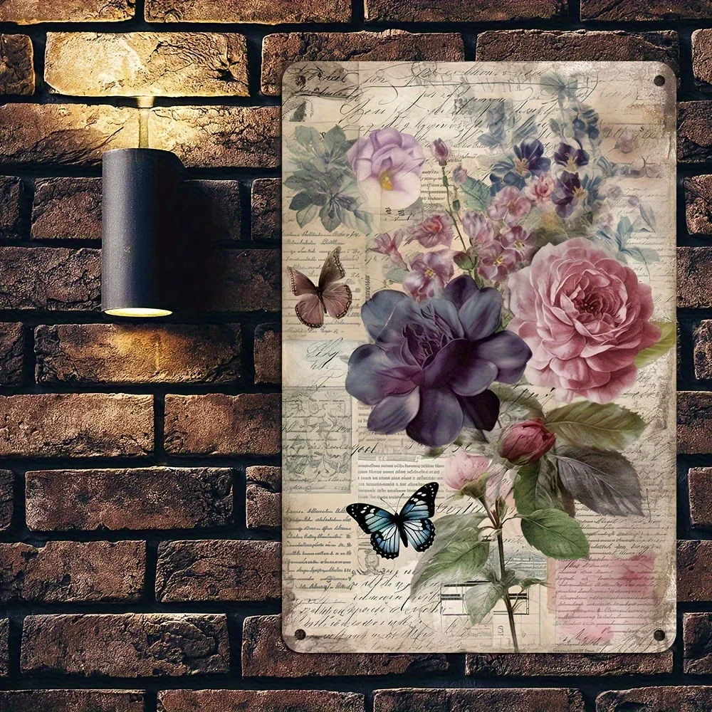 1pc Vintage Floral Butterfly Metal Wall Art, Pink Roses Purple Blooms Green Foliage, Pre-Drilled Iron for Living Room Patio