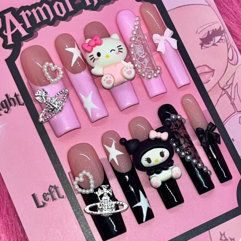 Sanios Hello kitty Kuromi strass Anime Y2K europa e America stampa fatta a mano sulle unghie punte lunghe unghie Design Manicure ragazze