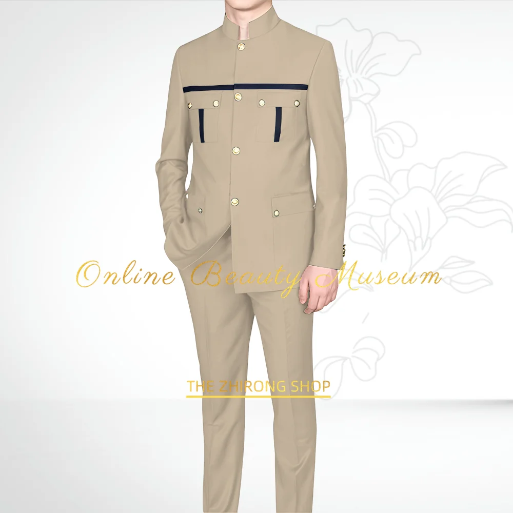 

Men's khaki 2-piece suit (jacket+pants) African/Indian formal set wedding dating birthday prom anniversary party custom tuxedo