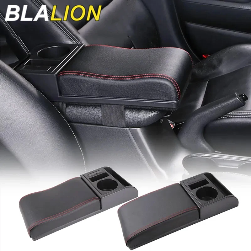 BLALION PU Leather Car Armrest Box Extender Soft Elbow Suppoty Cushion with USB Charging Ports Cup Holder Adjustable Car ArmRest