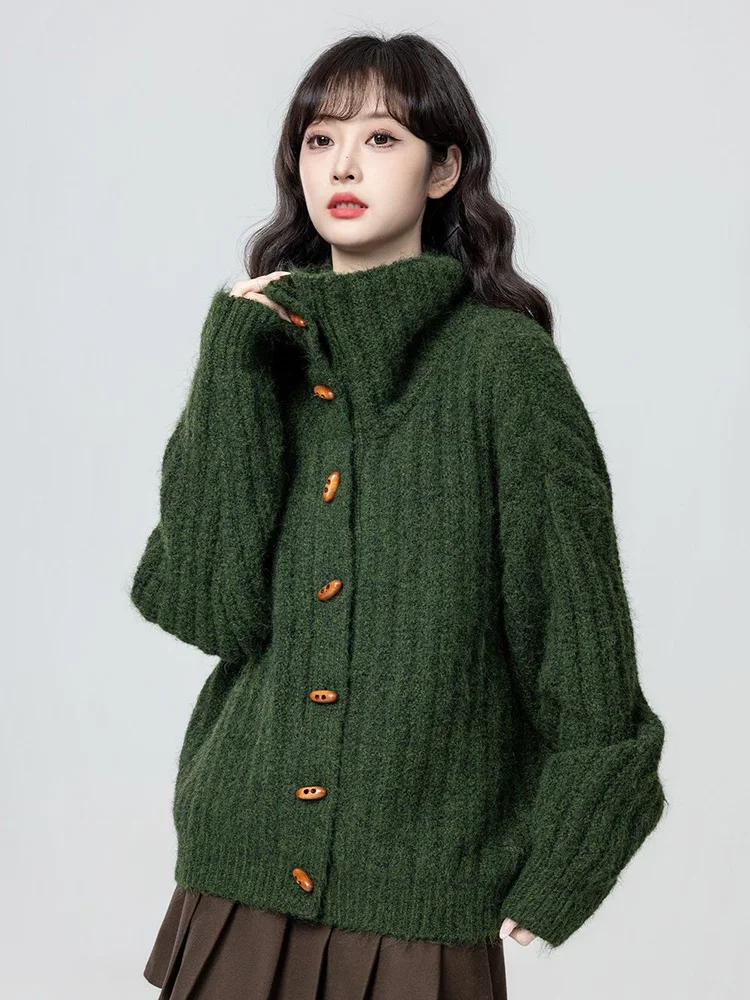 

Vintage Preppy Style Green Cardigan Women Lazy Wind Long Sleeve Harajuku Knitted Sweater Retro Korean Turtleneck Loose Sweet Top