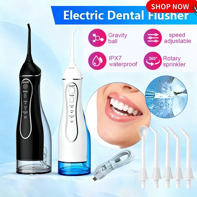 Electric Wireless Oral Irrigator 300ml Water Tank IPX7 Waterproof for Oral Health Enthusiasts Daily Deep Cleaning 5 Jet Tips