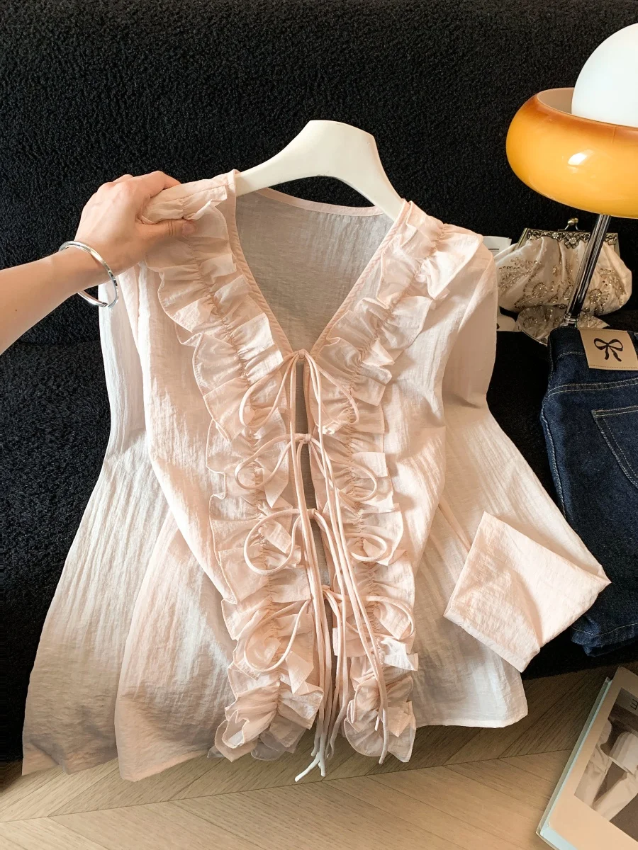 

Нежно-розовая женская весенняя свободная блузка с длинным рукавом, V-образным вырезом и оборками по низу, из дышащего полиэстера, для повседневной носки