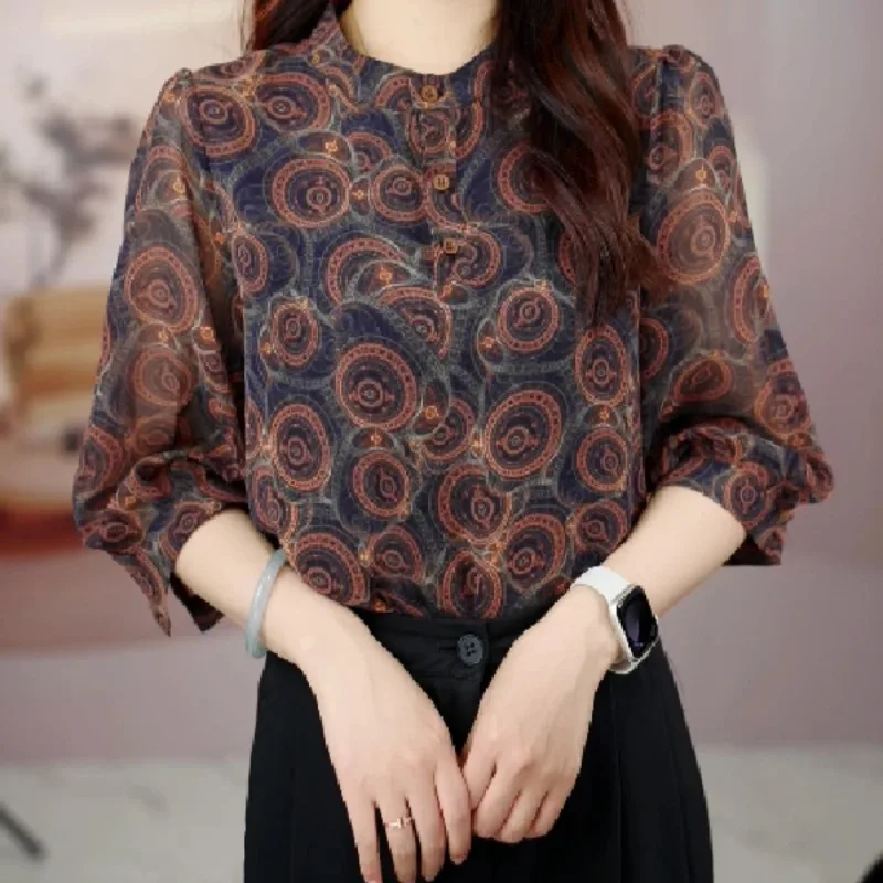 

Women's Chinese Style Printed Blouse 3/4 Sleeve Chiffon Casual Elegant Shirt