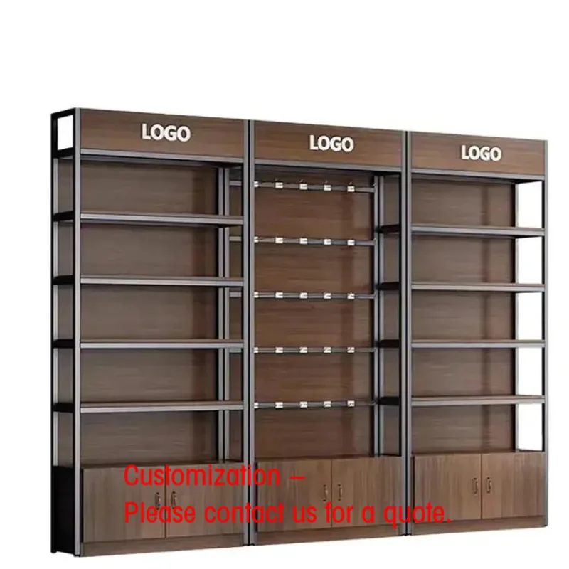Panel de melamina ranurado de fibra de madera MDF personalizado HiKUYA, estante de exhibición de metal y madera para tiendas y comercios.