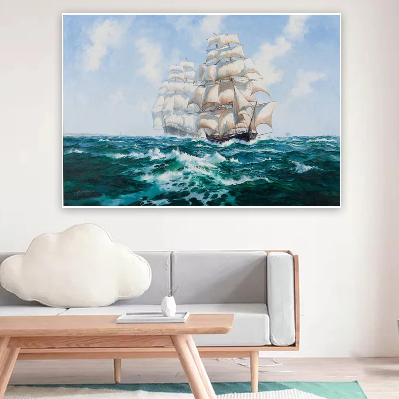 Boat On The Blue Sea Oil Painting Landscape Wall Art Canvas Painting Poster and Prints Nordic Picture For Living Room Home Decor