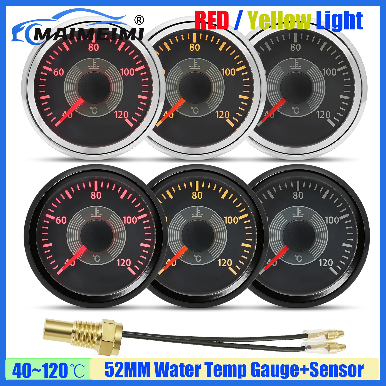 

Датчик температуры воды MAIMEIMI, красно-желтый, 2 дюйма (52 мм), с датчиком 10 мм, водонепроницаемый IP67, для автомобилей, лодок, яхт, 12В/24В