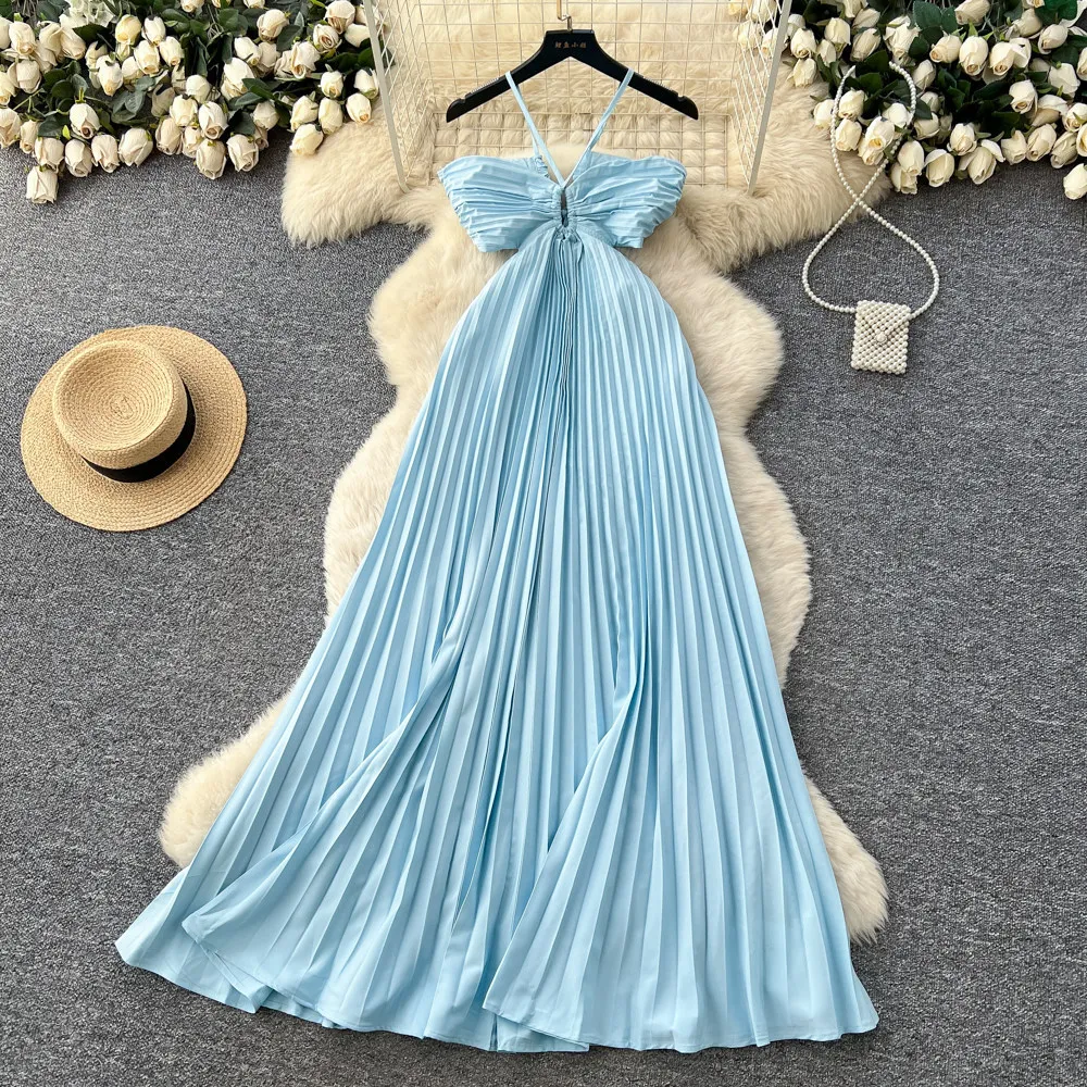 

Women Pleated Solid Dresses Neck Mounted Dress A Line Ankle Lenth Sleeveless High Waist Loose Fit Casual Elegant 2026 Summer