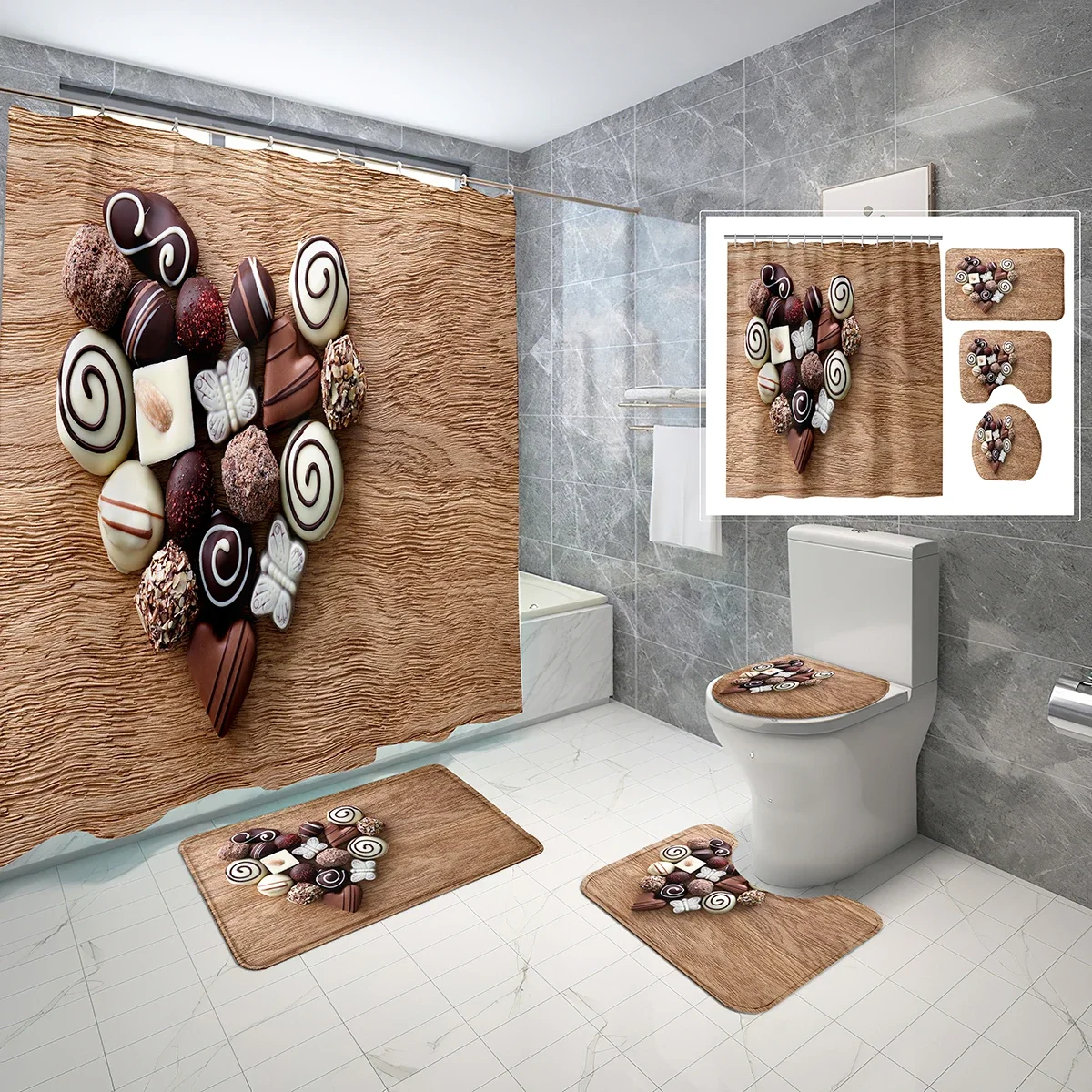 4 Pcs Chocolate Shower Curtain Sets with Toilet Lid Cover and Non-slip Bath Mat Sweets Food Style Waterproof Shower Curtain Set