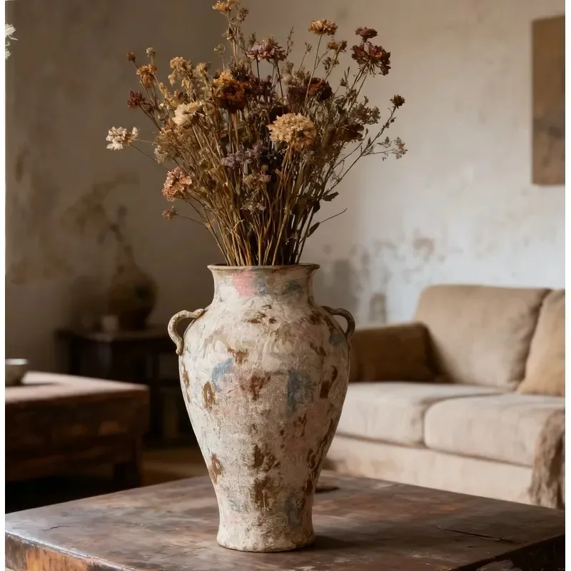 Vintage Wabi Sabi Pottery Vase Double Handle Imitation Old Textured Ceramic Home Decor for Dried Flower Arrangement